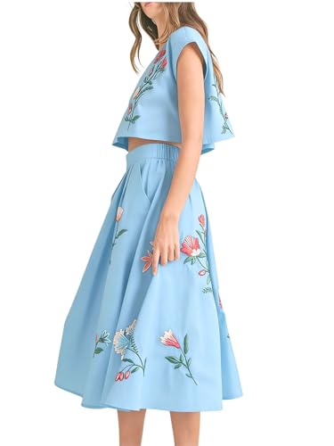 Image of Women Floral Embroidery Dress Sleeveless 2 Piece Tank Top and Skirt Loose Fit Boho Dress