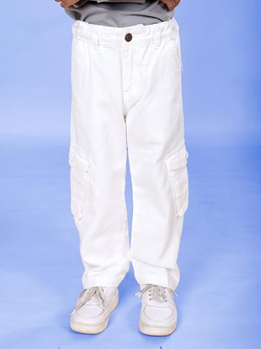 Image of KiddoPanti Boys Cargo Pants | 100% Cotton Twill | Comfortable Regular Fit | Elastic Waistband & Zip Fly | 6 Pocket Lower for Kids | Full-Length Casual Wear