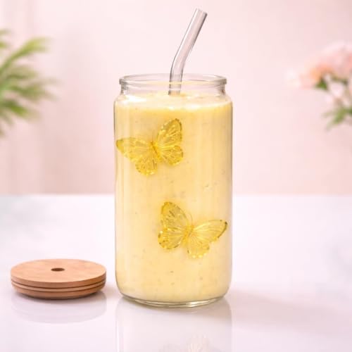 Image of Cute Bow Butterfly Glass Tumbler with Straw | 400ml Water Sipper | Reusable & Stylish Mug for Juice, Coffee, Milk, Travel & Office (Yellow)
