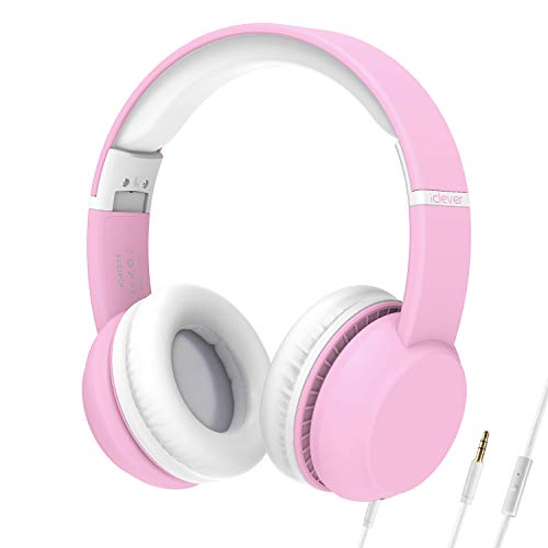 iClever Kids Headphones with Microphone for School -Shareport HS15 Stereo 3.5mm Jack Wired Headset with Volume Limiter 94dB, Foldable Headphones for Children/Teens/Boys/Girls/Airplane/iPad/Tablet