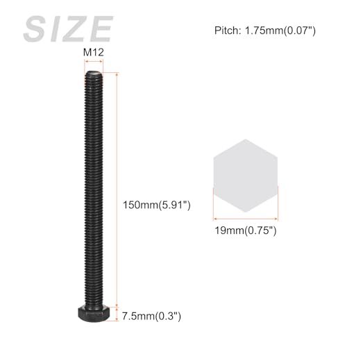Image of METALLIXITY Hex Bolts (M12-1.75x150mm) 4Pcs, Carbon Steel Fully Threaded Black Oxide, Coarse Thread UNC Hex Head Screw Bolt - for Furniture Repair