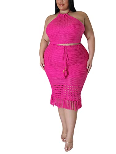 Image of Women Plus Two-Piece Skirt Set Tassel Fishing Net Knittin Hollow Out Off Shoulder Beach Dresses Swimsuit Cover Ups