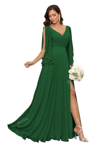 Image of HUUTOE Chiffon V Neck Dark Green Bridesmaid Dresses Long with Sleeves A-Line Formal Dress for Women Wedding Guest 2026 M US6