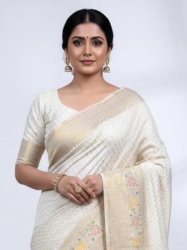 Image of Kanjivaram Silk Saree for Women - Handloom Floral Weaving, Contrast Border, Heavy Gold Zari Rich Pallu, Traditional Designer Wedding & Festive Saree with Blouse Piece