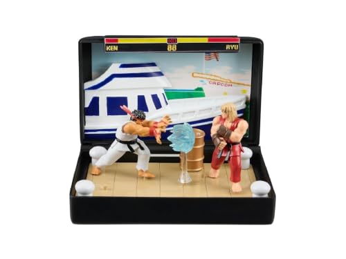 Figurine de collection Street Fighter II - Console Heroes - Réplique Cartouche pliable SEGA Mega Drive, Diorama de jeu rétro avec figurines Ryu & Ken, Décor Dock Stage