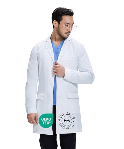 Dr. James Men's Consultation Lab Coat, Slim Fit, Multiple Pockets, White, 36 Inch Length (Small)