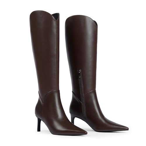 QIY Women Boots Chocolate Tall Knee High Boots Kitten Heel Pointed Toe Long Boots for Women Size 9