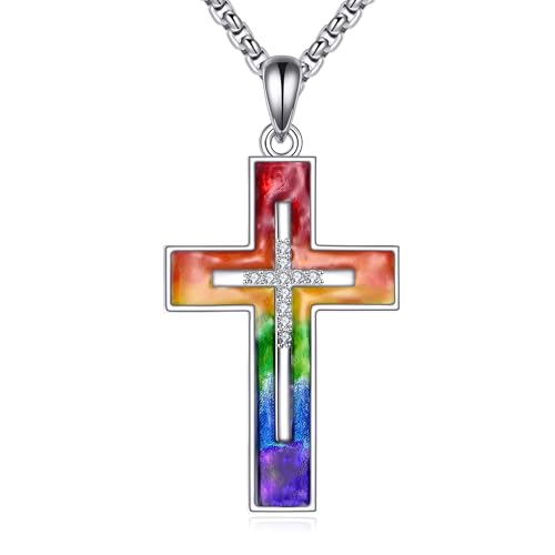 Pride Cross Necklace Sterling Silver 925 Rainbow Cross Necklace Lesbian Gay Pendant Necklaces Lgbt Colorful Jewelry Pride Month Gifts For Women Men Unisex