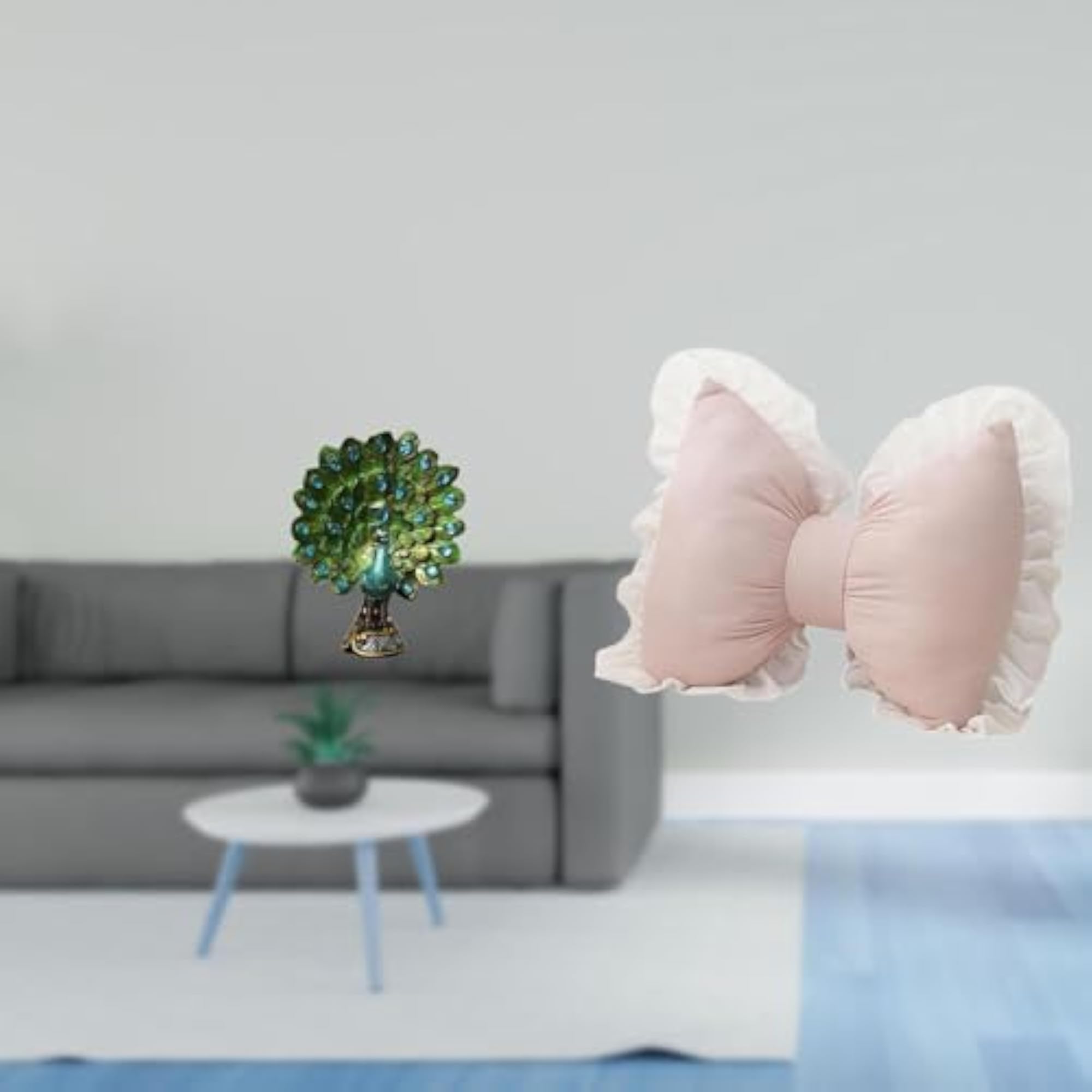 Elegant Peacock Animal Sculpture and Cute Bow Cushion for Decor
