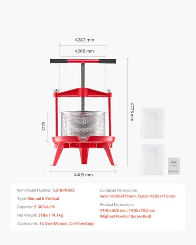 Image of VEVOR 2.38 Gal /9L Fruit Wine Press, Stainless Steel Basket with Cross-beam and Triangular Structure, Manual Juice Maker, Cider Apple Grape Tincture Making Press with T-Handle for Kitchen Home