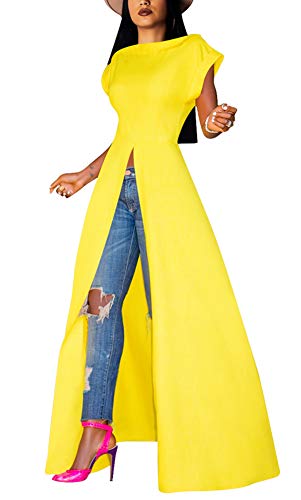 Womens Casual Crew Ncek Short Sleeve Jumpsuits Solid Open Front Split Wide Leg Jumpsuit Rompers Yellow L