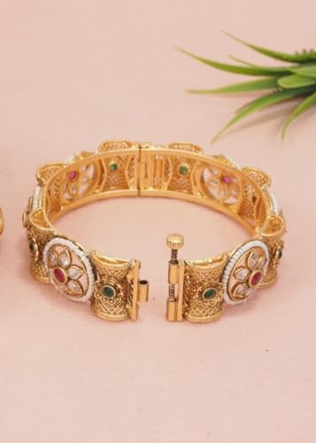 Image of Women's Traditional Bangles | Antique Gold-Plated with Kundan & Pearl Accents | Indian Ethnic Jewelry