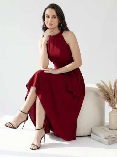 Image of Women Fit & Flare High Low Midi Dress | Sleeveless Round Neck One Piece Dress with Waist Tie Detail | Flowy Western Dress for Party and Casual Styling