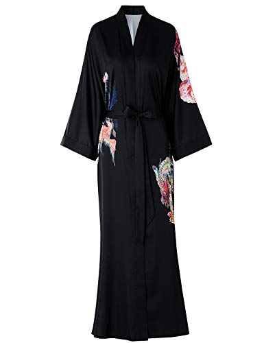 Escalier Women's Kimono Robe Long - Floral Printed Silk Bathrobe Nightgown Black-Phoenix