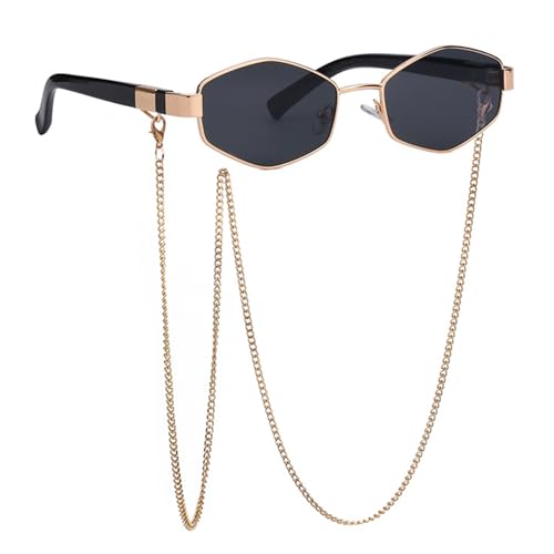 Oiieco Occhiali da sole esagonali in metallo retrò con catena oro, occhiali da sole esagonali di lusso da donna Uv400, occhiali da sole da donna polarizzati design retrò