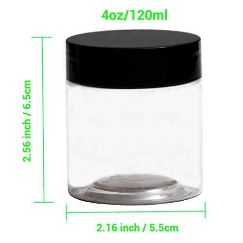 12 Pack 4 oz Plastic Jars,Wide-mouth Clear Storage Containers with Black Lids, Empty Round Clear Plastic Jars with Lids and labels for Body Butter, Bath Salt, Slime and Beauty Products3