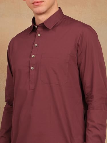 Image of See Designs Men's Full Sleeve Shirt Collar Solid Pathani Kurta with Salwar