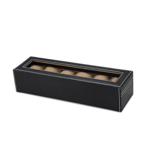 Image of Watch Box Organizer for Men and Women, 6 Slots, Leatherette, Black, Gift Box (Black::Beige)