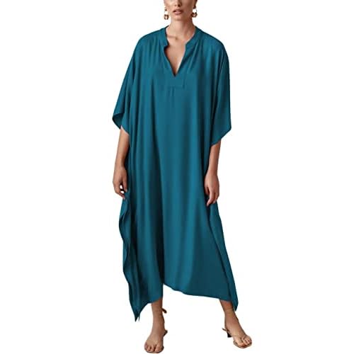 Bsubseach Women Kaftan Dresses Caftan Loungewear Maxi Dress Swimsuit Cover Up Beachwear B-peacock Blue
