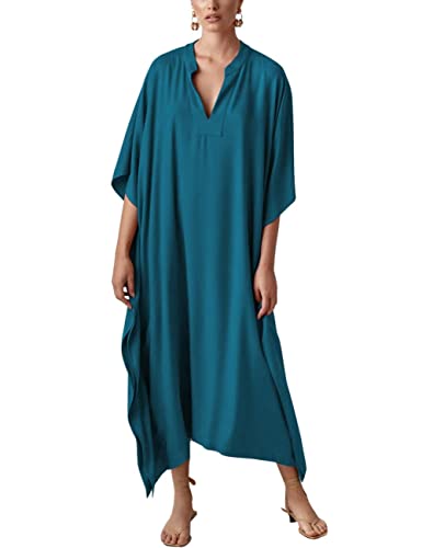 Bsubseach Donne Blu Pavone di Seta Caftano Abiti Manica Pipistrello Costume da Bagno Coprire Scollo A V Caftano Maxi Vestito Estate