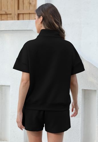 YUNDAI 2 Piece Sets for Women Causal Summer Short Sleeve Half Zip Top and Lounge Drawstring Shorts Outfits with Pockets4