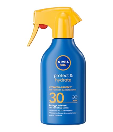 NIVEA SUN Protect & Hydrate Spray Solare SPF 30 250 ml, Crema solare 30 spray idratante 48h ad assorbimento rapido, Protezione solare 30 resistente all'acqua con Vitamina C e Acido Ialuronico