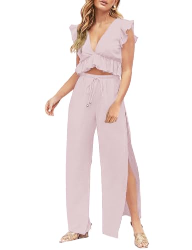 FANCYINN 2 Pieces Summer Outfits for Women Deep V Neck