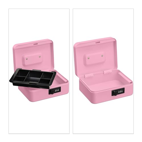 Relaxdays Geldkassette, 3-stellige Zahlenkombination, Münzeinsatz, Geldkasten Eisen, Kasse, HBT 8,5x20x17 cm, pink