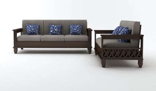 Image of STRATA FURNITURE Sheesham Wood 5 Seater Sofa Set for Living Room | Wooden 3+2 Seater Sofa Set Furniture for Bedroom Home Hall and Hotels (Walnut Finish, Grey)