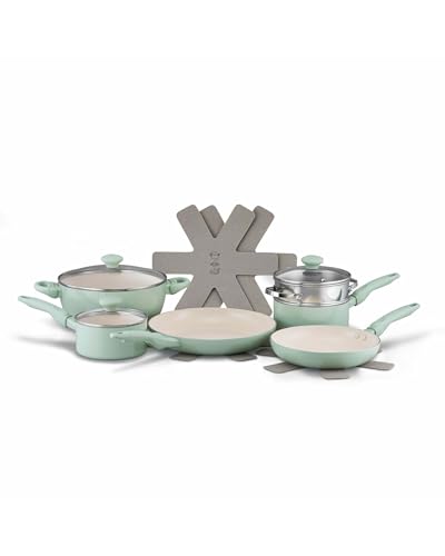 RACO SmartStart Ceramic Nonstick Induction 6 Piece Cookware Set with Pan Protectors, Lichen - PFAS-Free Ceramic Nonstick for Effortless Release - Comes with Tempered Glass Lids and Stay-Cool Handles