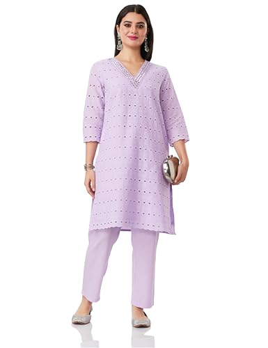 Image of Amazon Brand - Myx Women Schiffli Embroidery Kurta Pant Co-Ord Set | Available as Dress Material (Available in Plus Sizes)