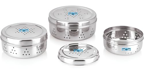 Image of Stainless Steel Green Coriander Storage Box Curry Leaves Box Set, Sprouts with air Ventilation Food containers Silver Dabba Flat Box Steel Dabba (set of 3)