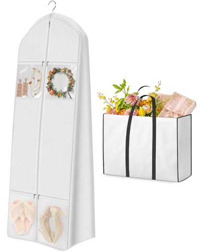MISSLO Portable 70' Wedding Dress Garment Bag with Bride Tote Bag 8'' Gusseted Dress Bags for Gowns Long 4 Pockets Dress Cover for Women, White
