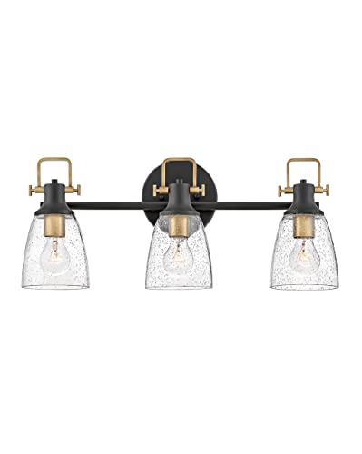 Image of Hinkley Easton Three Light Bath Vanity Fixture - Modern Industrial, Clear Seedy Glass Shade, Mounts Up or Down - Black and Heritage Brass