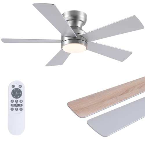 Kviflon Ventilador de Techo con Luz Plateado 117cm Empotrado, Mando, 5 Aspas Reversibles, 3CCT Regulable, 6 Velocidades, Temporizador 2h, para Dormitorio Moderno