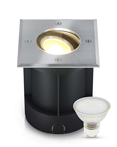 lambado® LED Bodeneinbaustrahler für Aussen IP67 - Wasserdicht & Befahrbar inkl. 3W 230V GU10 Strahler warmweiss - Eckiger Bodenstrahler/Bodenleuchte aus Edelstahl für Terrasse & Garten