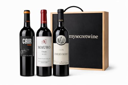 Pack Premium de Vinos Ribera del Duero – 3 Botellas (Cair Cuvée, Mauro, Emilio Moro) con Caja de Madera – Selección Gourmet- MYSECRETWINE-