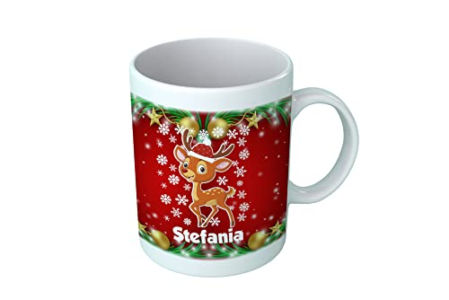 Overthetee, Tazza Natale Personalizzabile con nome donna, decorata con neve e una piccola renna, idea regalo