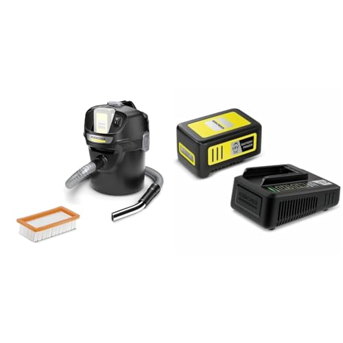 Kärcher 13483000 AD 2 - Aspirador de cenizas y polvo, color negro + Kärcher Cargador Rápido y Batería 18 V - 5,00 Ah (2.445-063.0)
