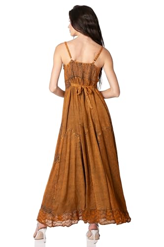 Image of Sakkas Stonewashed Rayon Embroidered Adjustable Spaghetti Straps Long Dress