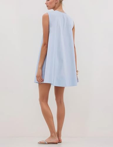 Image of MISSACTIVER Women's Sleeveless Babydoll Tank Mini Dress Scoop Neck Ruched Short Dress with Pockets Blue