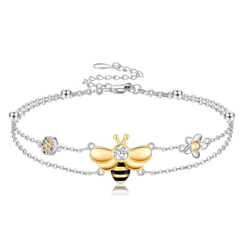 DAYLINLOVE Bee Bracelet 925 Sterling Silver Flower Double Layered Chain Link Bracelets Bee Jewellery Gifts for Women Girls