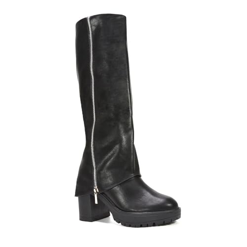 Image of ESSEX GLAM Women's Side Zip Fold Over Boots Ladies Black Synthetic Leather Layered Knee High Platform Chunky Sole Size 3