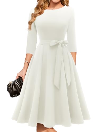 DRESSTELLS White Dress Women for Cocktail Tea Party, Vintage Formal Wedding Guest Church Dress Knee Length, Mother of Bride Long Sleeve Fit Flare Casual Baby Shower Evening Prom, 2026 Spring 2XL
