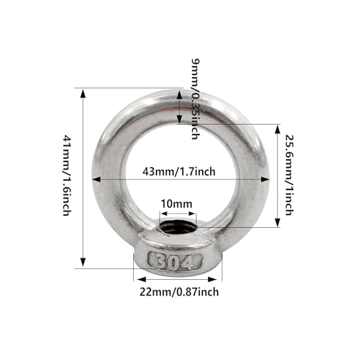 Image of 6PCS M10 Lifting Eye Nut, Stainless Steel Lifting Eye Threaded Nut Fastener, Hardware Ring Shaped Eye Bolt, 43mm /1.7inch OD