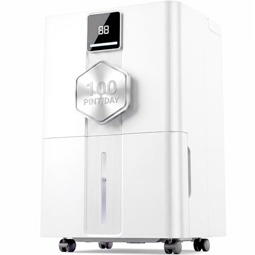 Dehumidifier for Basement and Home,6000 Sq. Ft 100 Pint Portable Dehumidifier with Drain Hose, Energy Efficient with Auto Mode and 24H Timer, Quiet for Bedroom, Bathroom, Rv, Garage