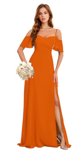 Image of Chiffon Bridesmaid Dress with Slit Orange Long Bridesmaid Wedding Guest Dresses Evening Gowns US12 HGR93