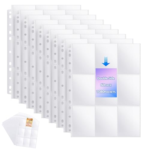 Sammelkarten Hüllen 60 stück Transparent Sammelkarten Hüllen Doppelseitiger 1080 Pockets 9 Taschen Seitenschutz Transparent Karten Photocard Sleeves Löcher Ringbüchern für Sammeln aller Arten (B)