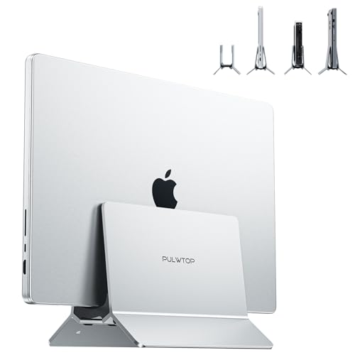 PULWTOP Vertical Laptop Stand for Desk, Aluminum Desktop MacBook Stand Laptop Holder Compatible with MacBook Air/Pro, Mac Mini, Surface, Notebooks - Silver