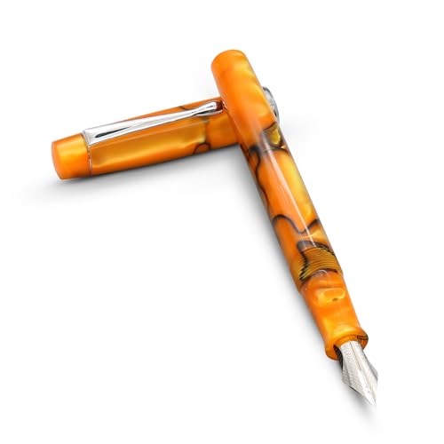 FPR Himalaya V2-Chrome Ultra Flex Nib Pen - Twist-Style Converter Filled Calligraphy Pens for Writing-Fancy Pens for Men & Women - Flex Fountain Pen w/Metal Clip & Cap Ring (Saffron Orange Acrylic)